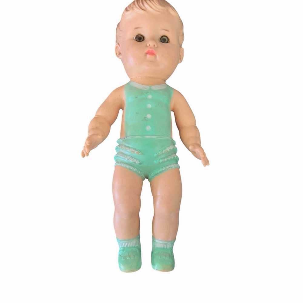 Vintage 1950s The Sun Rubber Baby Doll   Green Romper MCM Toy 10" Stands